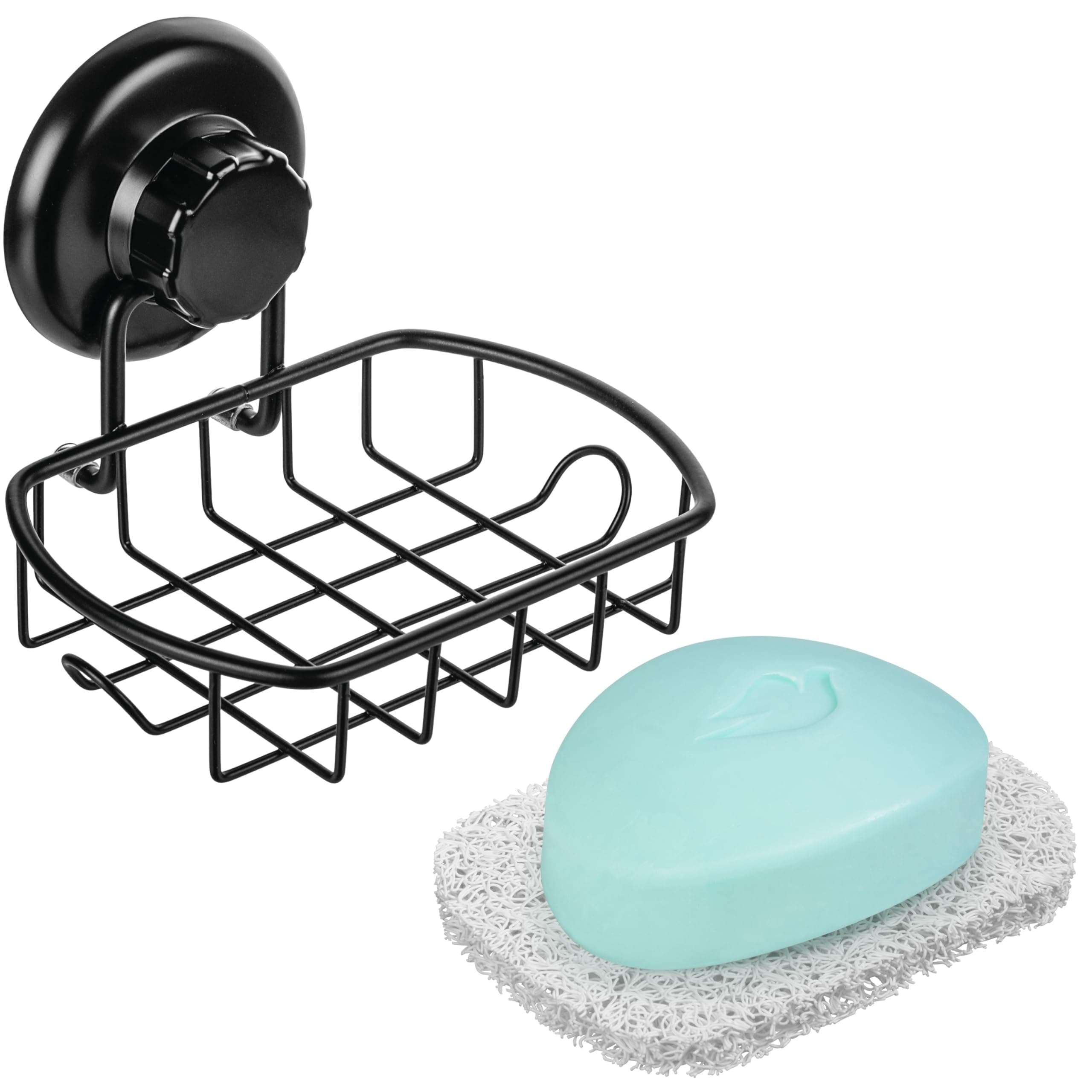 Suction Soap Dish with Hooks - Super Powerful Vacuum Suction Cup Shower Soap Holder - Rustproof Stainless Steel SS304 Soap Basket - Sponge Holder for Bathroom & Kitchen (Black)