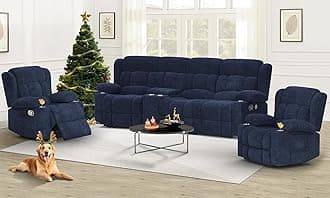 Recliner Sofa Set with Storage Console, Flip Middle Backrest Design 3 Seater Reclining Sofa and 2PC Single Recliner Chair, Manual Couches for Living Room (Blue, 3 Seat+Console+1+1)