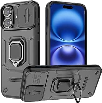 for iPhone 16 Case with Sliding Camera Cover and 360° Rotate Ring Kickstand Heavy Duty Protective Shockproof Protective Phone Case for iPhone 16 Cover,Black