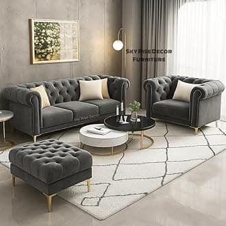 Modern Classic Sofa Couch Fabric & Valvet Tufted Chesterfield Sofa Living Room and Office (Grey (3+1+1Footrest)