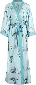 long silky kimono robes for women, lightweight & soft floral bridal robe, Teal Birds, One Size
