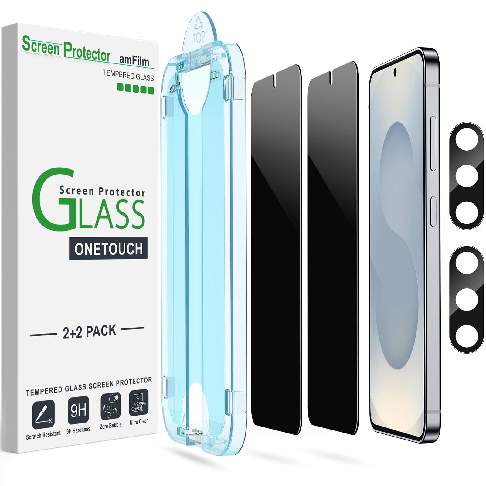 Auto-Alignment OneTouch for Samsung Galaxy S25+/S25 Plus 6.7" Privacy Screen Protector + Camera Lens Protector, Tempered Glass, 30 seconds Installation, Bubble Free, Privacy Protection 2+2 Pack