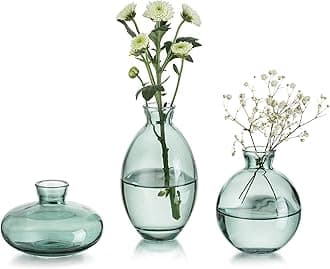 Small Vases for Table Decoration, Vintage, Handmade, 3-Piece Mini Vase Glass Green Flower Vase, Modern Set, Various Sizes, Slim Hydroponic Glass Vase for Flowers, Decoration, Wedding, Table, Living