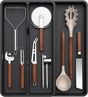 Utensil Drawer Organiser, Extendable Cutlery Tray for Kitchen, Adjustable Cooking Silverware Flatware Holder, Plastic Kitchen Spatula Tools and Gadgets Storage Divider, 23-37x40cm, Black