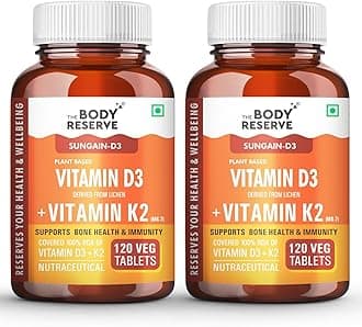 The Body Reserve """ Vitamin D3 K2 Mk7-120 Veg Tablets, 100% Rda Plant-Based Vitamin D3 Supplement From Lichen Source With Vitamin K2 As Mk7 Menaquinone, Pack Of 2"""