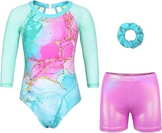 JOYSTREAMGymnastics Leotards for Girls With Shorts Sparkly Ballet Dance Long Mesh Sleeve