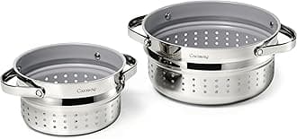 Caraway Small & Large Steamer Set – Made with Handles - Non Stick, Non Toxic Coating - Steam Veggies, Seafood, and More - Compatible With Our Dutch Oven or Sauce Pan – 3qt & 6.5qt - Stainless Steel