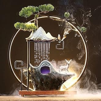 17In Water Fountains Indoor Tabletop Water Fall Humidifier W/LED Light & Atomizer Mist, Zen Decor Meditation Japanese Decor Fake Plants Feng Shui Decor Festival Birthday Gift Good Luck Wealth