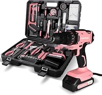 COMOWARE Pink Household Tool Set with 20V Cordless Drill Driver, 120Pcs Hand Tool Kit for Women, Power Drill Set with Plastic Toolbox, Ideal for Office, Garden, DIY Project