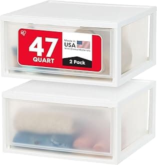 IRIS USA 47 Qt. Extra-Large Stackable Storage Drawer Plastic Drawer Organizer with Clear Doors, for Pantry Bedroom Closet Kitchen Under-Sink Home and Office De-Clutter Shoes and Crafts, White, 2-Pack