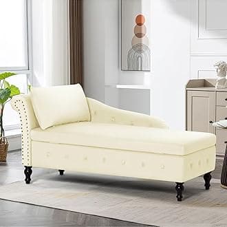 Upholstered Chaise Lounge with Left Armrest & Lumbar Pillow,Button Tufted Lounge Sofa with Storage,Lounge Chair Indoor,Modern Velvet Lounge Chair for Bedroom, Living Room and Office,Beige