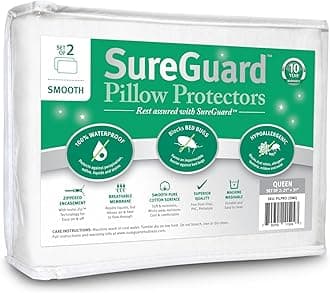 Set of 2 Queen Size SureGuard Pillow Protectors - 100% Waterproof, Bed Bug Proof, Hypoallergenic - Premium Zippered Cotton Covers - Smooth