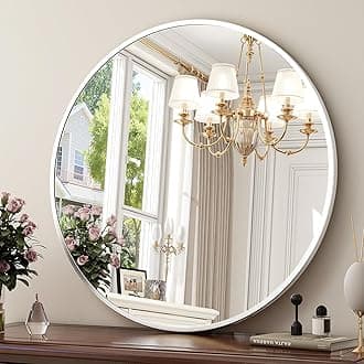 32 Inch Round White Metal Wall Mirror - Stylish Circle Mirror for Entryway, Bathroom, and Living Room Decor | Matte White Circle Wall Mirror