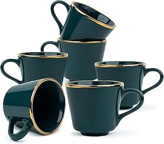 Shay Ceramic Tea Cup Set, Set of 6, Teal Green with Real Gold Line, 200ml | Cup Set of 6 for Tea | Glossy Finish | Premium Ceramic | Real Gold Line | Ceramic Cup | Tea Cup Set of 6 (Tea Cups - Teal