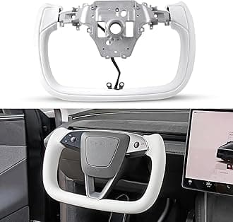 Yoke Steering Wheel Personalized for Tesla Model Y Juniper 2025, Nappa Leather for Tesla Model Y Accessories With Heating Function No Front Trim (White Nappa, Glossy Carbon Fiber)