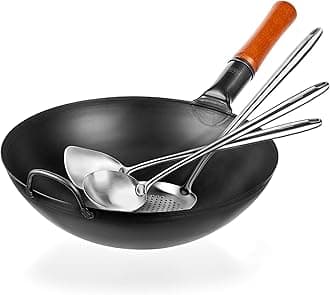 YOSUKATA Carbon Steel Wok Pan – 13,5 “ Stir Fry Pans PLUS 17" Wok Spatula and Ladle Skimmer Spoon - Stainless Steel Cooking Utensils Set