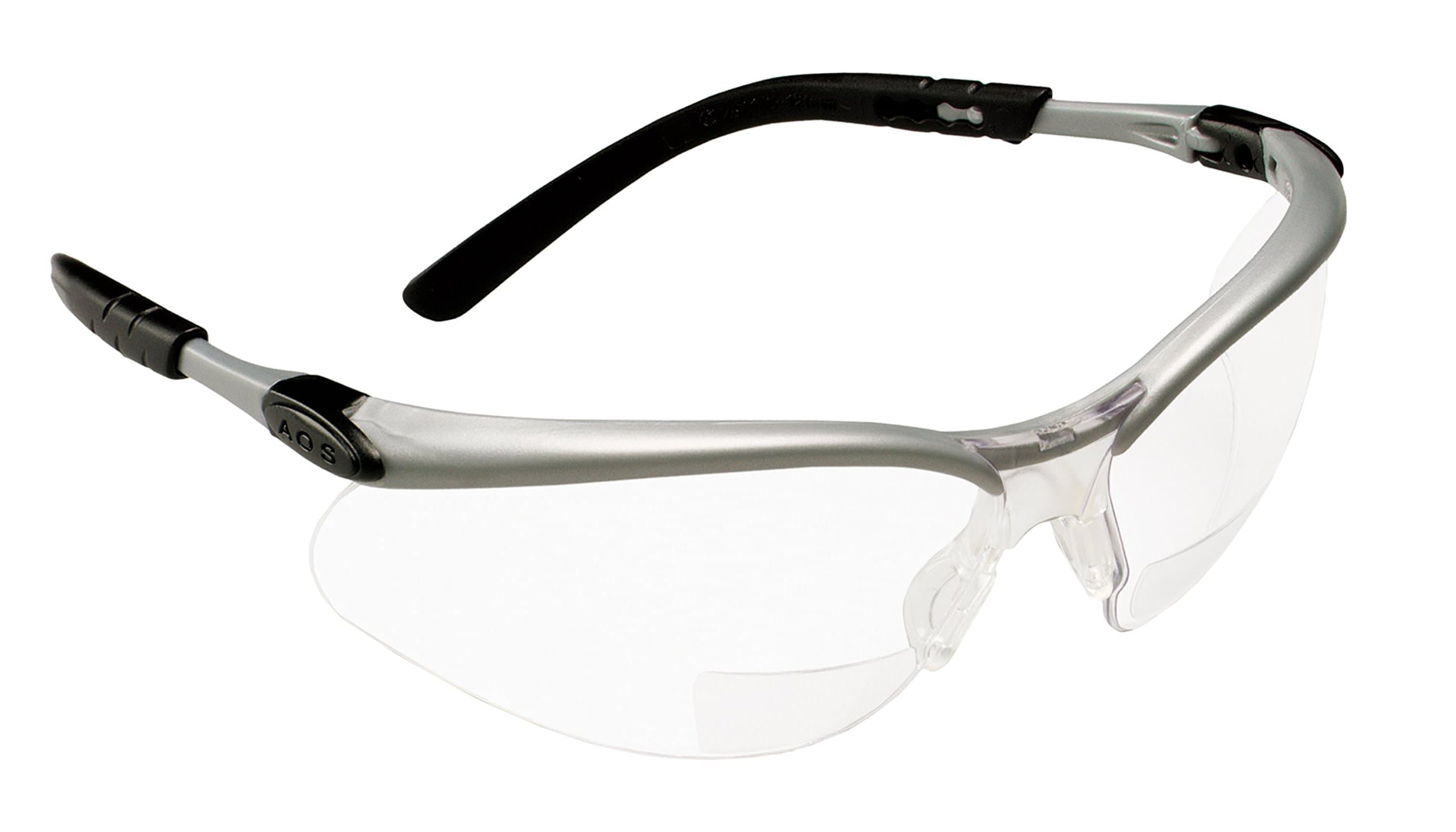 Reader +2.0 Diopter Safety Glasses, Silver/Black Frame, Clear Lens