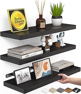 Floating Shelves for Wall, Wall Mounted Rustic Wood Shelves for Bathroom, Bedroom, Living Room, Kitchen, Hanging Shelf for Books/Storage/Room Decor with 22lbs Capacity (Black, Set of 3, 15.7in)