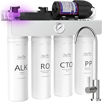 SimPure T1-400ALK Alkaline UV Reverse Osmosis System, NSF/ANSI 58 Certified, Tankless RO Water Filter System 400 GPD, pH+ Remineralization Water Filtration Under Sink, BPA Free, Built-in Pump