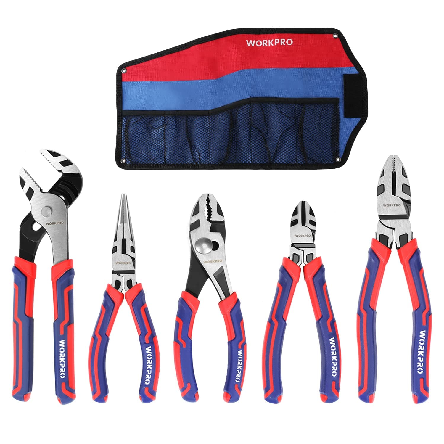 Pliers Set, Premium Cr-V Construction, Includes 6 Inch Slip Joint, Long Nose, Diagonal Cutting, 8 Inch Groove Joint, 7 Inch Linesman and Storage Pouch, for Basic Repair
