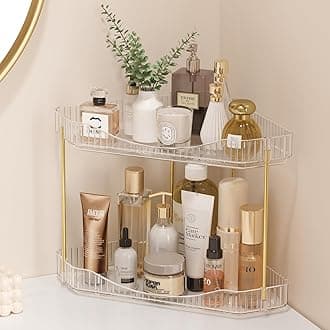 2-Tier Bathroom Counter Organizer Corner, Plastic Makeup Skincare Storage Organizer Countertop, Perfume Tray and Cosmetic Shelf in Bedroom, Dresser, Kitchen (Clear)