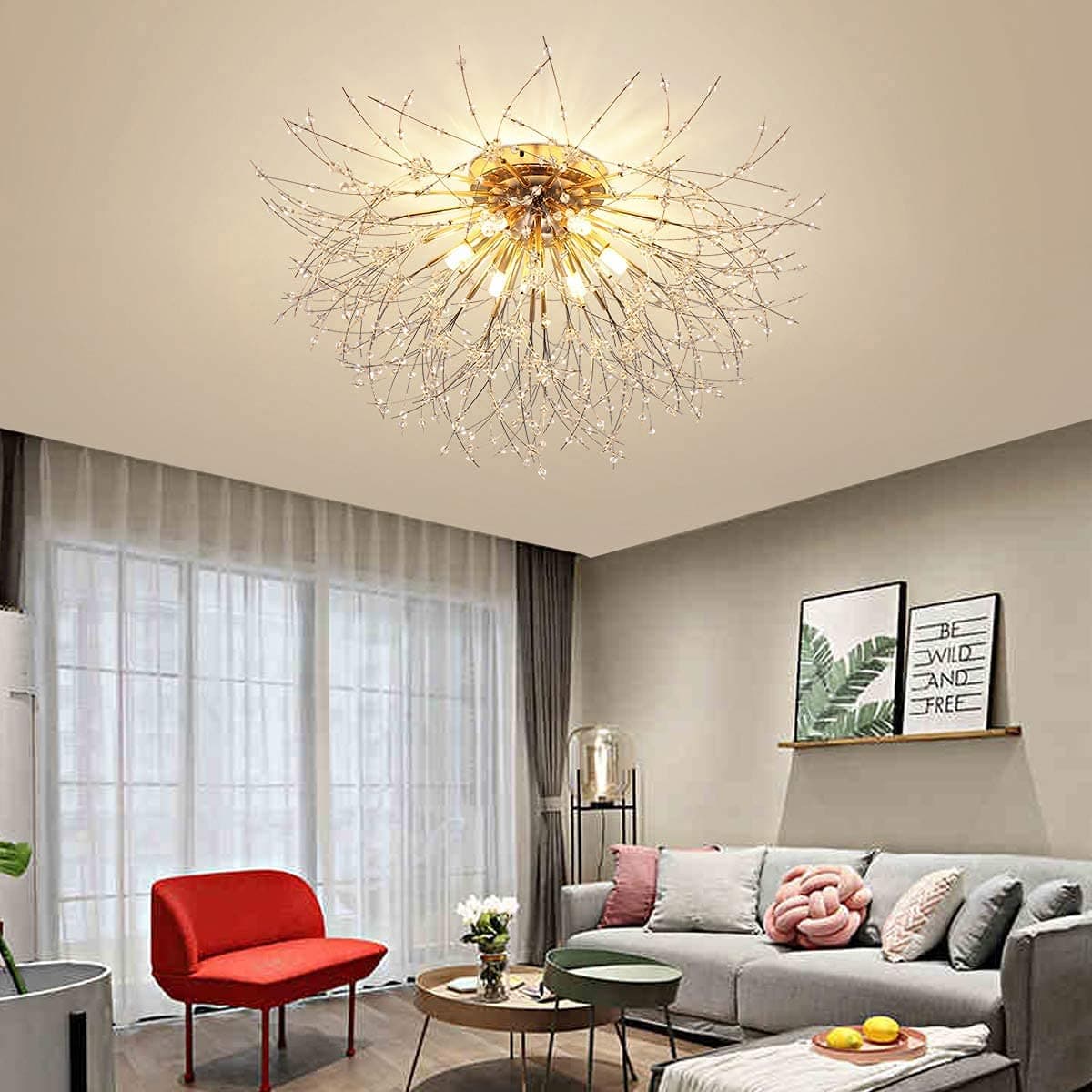Firework Chandeliers, 6-Lights Sputnik Ceiling Lamp Modern Semi Flush Mount Crystal Ceiling Lighting 62cm LED Ceiling Light Fixtures for Living Room Dining Room Gold,4000K（ Bulbs are Included）