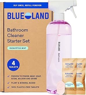 BLUELAND Bathroom Cleaning Spray Bottle with 4 Refill Tablets | Eco Friendly Products & Cleaning Supplies - Eucalyptus Mint Scent | Makes 4 x 24 Fl oz bottles (96 Fl oz total)