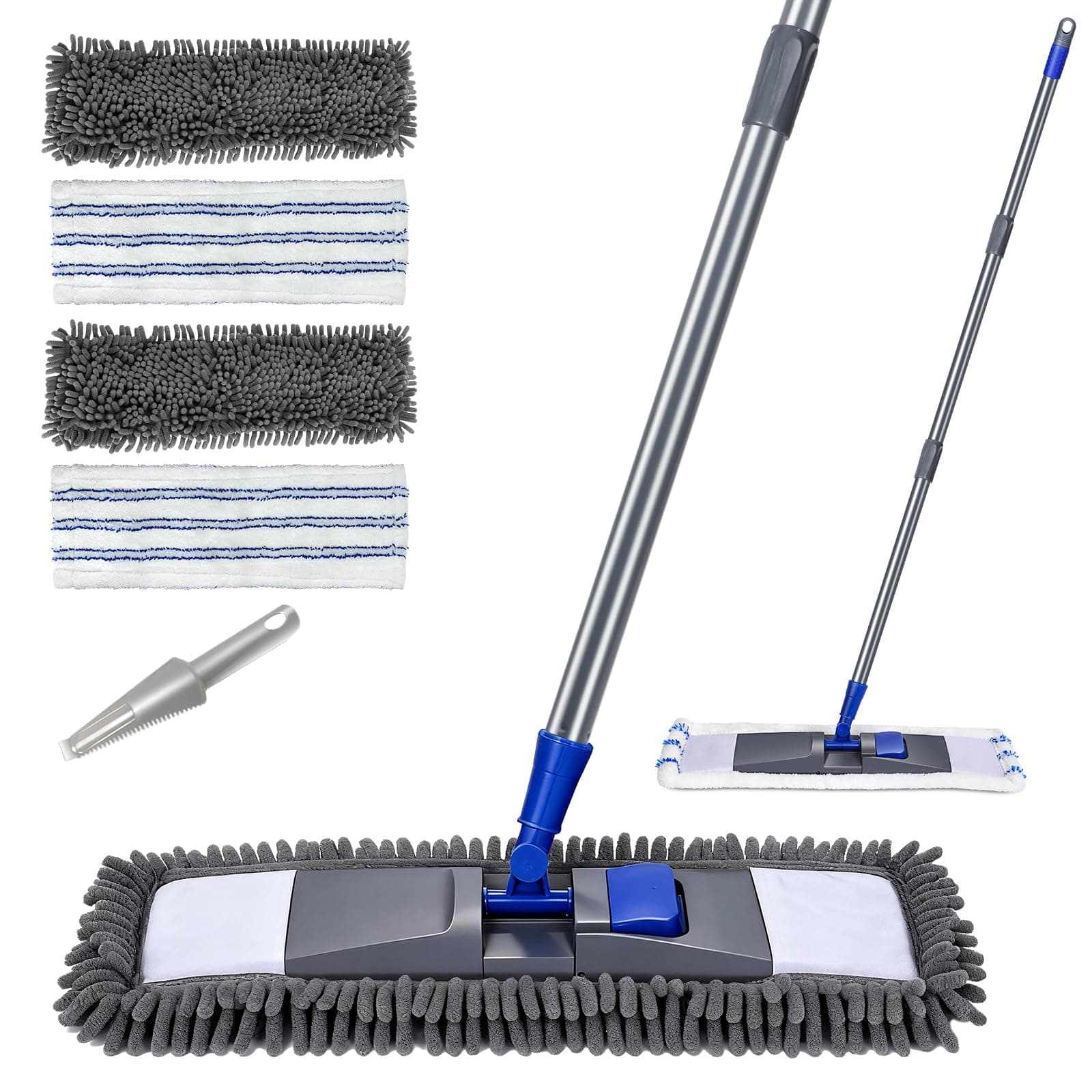 MASTERTOP Microfiber Mop for Floor Cleaning, Flat Dust Mop for Home and Kitchen, Adjustable Stainless Steel Handle with 4 Washable Pads&1 Cleaning Scrape for Hardwood, Vinyl