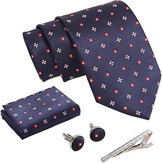 – Mens Striped Plaid Polka Dot Tie Formal Necktie Pocket Squares Ties Clips Cufflinks Classic for Men Set