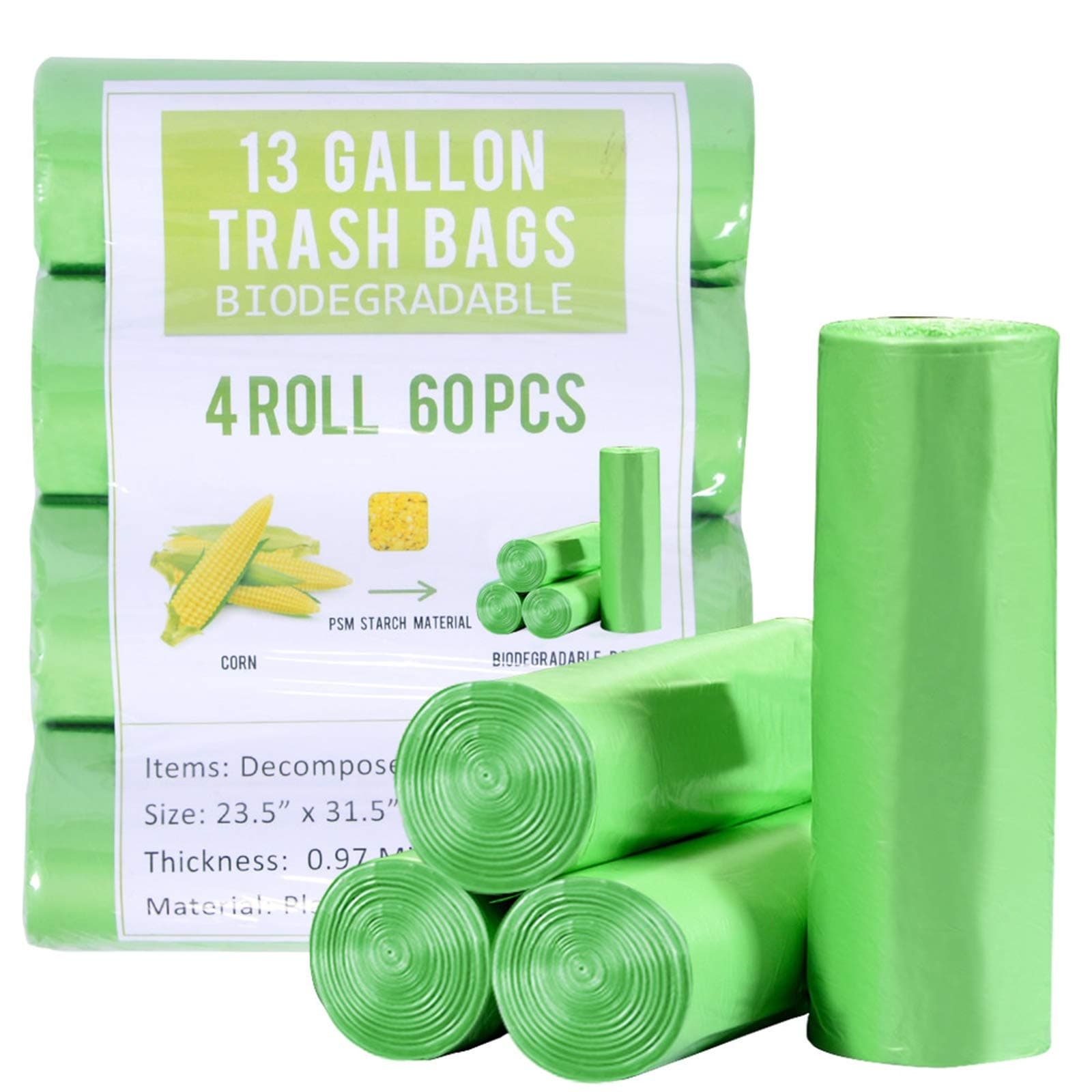 Jaoul Trash Bags 13 Gallon, Small Garbage Bags, Strong & Unscented Trash Bags for Kitchen, Bathroom, Office, Restroom, Car, Green, 60 Counts