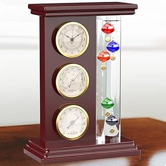 JJ Care Galileo Thermometer with Quartz Clock (Gold), Analog Barometer & Hygrometer, Galileo Weather Station Measures Temperature, Glass Wood Frame Galileo Thermometer for Indoor & Outdoor Home Décor