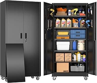 Metal Garage Storage Cabinet with Wheels and Pegboard 71'' x 34'' x 18'', Lockable Rolling Steel Cabinet with 5 Adjustable Shelves and Door for Garage, Office, Kitchen, Assembly Required(Black)Recycled Claim Standard 100