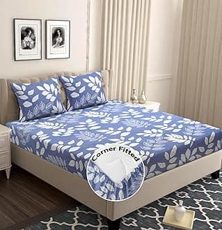Cotton Rich 160tc Elastic Fitted Bedsheets with 2 Pillow Covers | Double Bed with Corner Fit Wrinkelfree Supersoft Floral Pattern Breathable |Size-72x68+6 inches | Light Grey and White