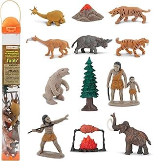 Prehistoric Life TOOB - 12 Figurines: Caveman, Cavewoman, Volcano, Mammoth, Doedicurus, Smilodon, Sloth, Dinosaurs - Educational Toy Figures For Boys, Girls & Kids Ages 3+