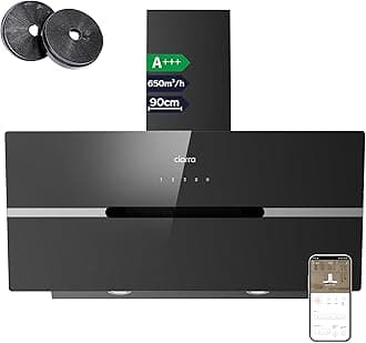 CIARRA CBCB9736F Angled Cooker Hood 90cm Head-Free Hood Recirculating & Ducting Wall Mounted Chimney Extractor Fan with Touch Control Panel 4 Speed Settings LED Lighting