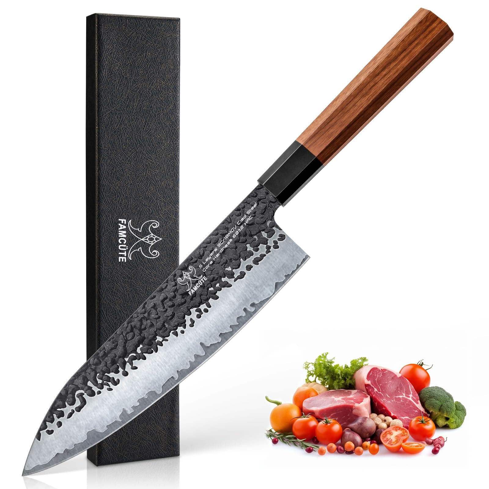 - 8 Inch Japanese Knife, Hand Forged 5 Layers High Carbon 9CR18MOV Steel Rosewood Handle Chef Knife, Ultra Sharp Durable Professional Kitchen Knife, A Thoughtful Birthday Gifts for Mom/Dad