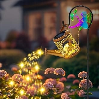 Solar Lights Outdoor Decorative, Solar Watering Can with Cascading Lights, Waterproof Metal Solar Lantern with Fairy Shepherd Hook, Metal Solar Lantern for Yard, Patio, Lawn, and Pathway