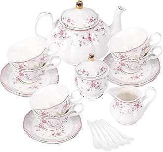 Vintage Porcelain Tea Set for Women Tea Party, Cup and Saucer Set for 6, Wedding Floral Teapot Set for Adults, Pink Rose