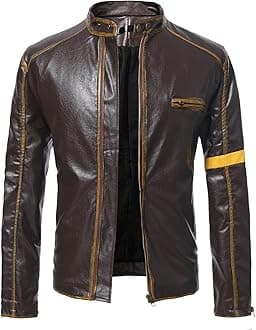 Men's Casual Jacket Striped Vintage Pilot Jacket Full Zip with Chest Pocket Denim Jacket Steampunk Jacket Medieval Stand-Up Collar Faux Leather Jacket Men's Slim Fit