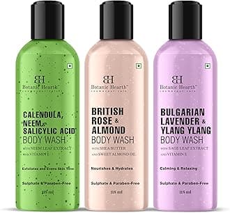 Botanic Hearth Body Wash Set of 3 – British Rose, Neem & Lavender | Hydrating & Purifying Shower Gel | Deep Cleansing, Refreshing & Nourishing | For All Skin Types | 118ml Each