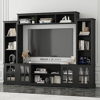 Wall Unit Entertainment Center, TV Wall Units for Living Room with Storage, 102" W Large Farmhouse TV Stand with Glass Doors, Ajustable Bookshelf & Bridge for Bedroom, Black