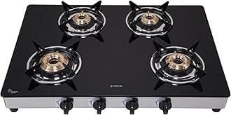 Elica 4 Burner Auto Ignition Gas Stove | 694 CT VETRO SS AI | Brass Burners | Toughened Glass Top | Stainless Steel Body | Euro Coated Pan Support | 7-Year Glass Warranty | Black & Silver