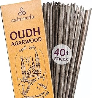 Calmveda Oud Incense Sticks - 40 Pack (9 inch, 45+ min Burn Time) - Clean Charcoal Free, Made from Assam Oud Chips, Thick Natural Resin Incense