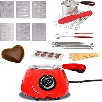 Total Chef Instant Hot Chocolate Melting Pot Fondue Sets with 8.8oz 250g Capacity Electric Small Chocolatier Machine DIY Candy Cheese Maker 32-Piece Tool Kits Kids Birthday Gifts Party Workshop Red