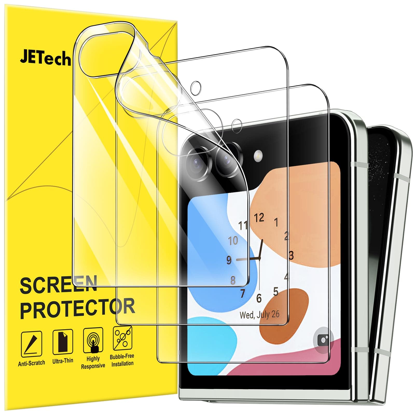 JETechFront Screen Protector for Samsung Galaxy Z Flip 5, Full Coverage PET Film, Case Friendly, HD Clear, 3-Pack