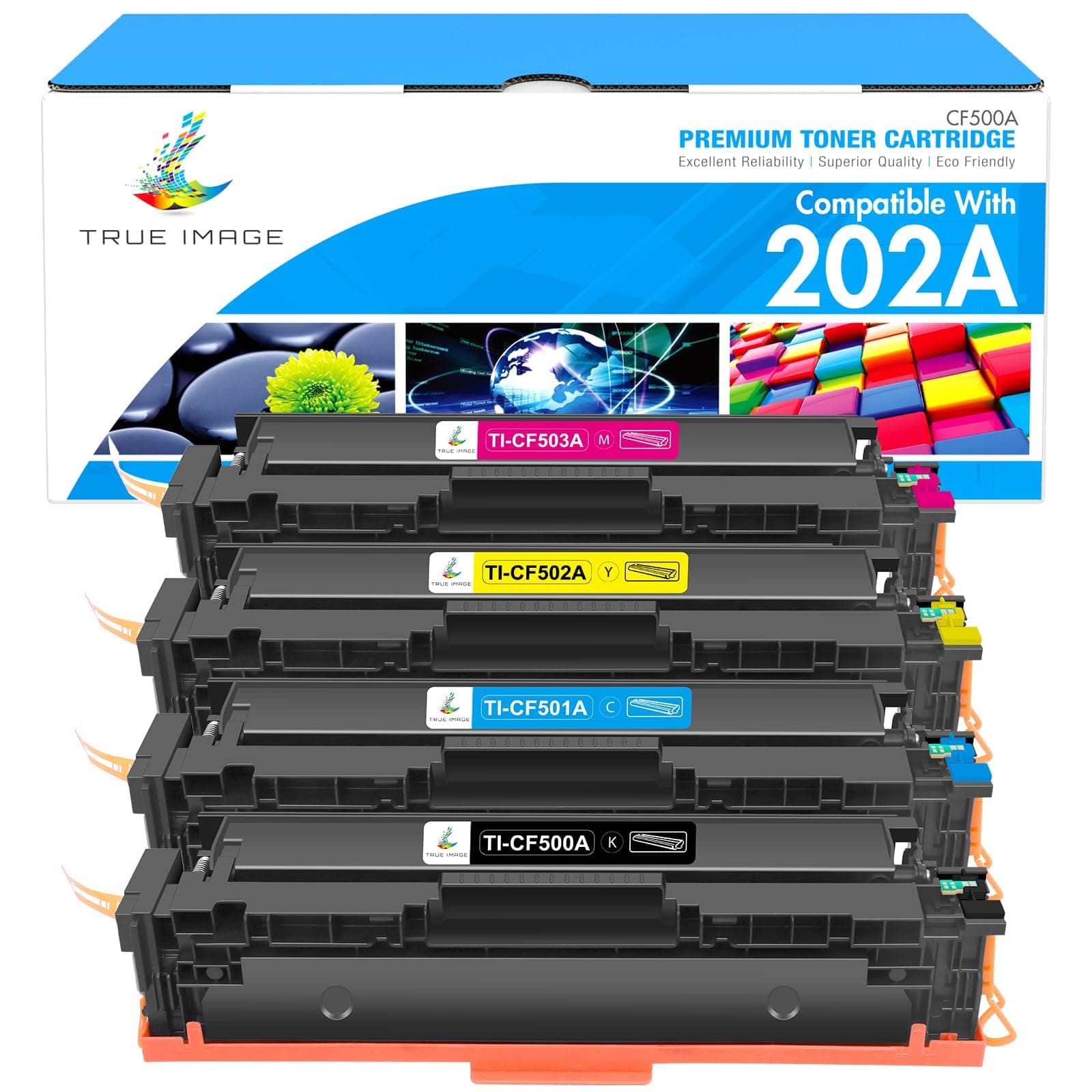 TRUE IMAGE Compatible Toner Cartridge Replacement for HP 202A CF500A 202X M281fdw Color Laserjet Pro MFP M281fdw M281cdw M254dw M281fdn M254 M281 202 Toner Printer (Black Cyan Yellow Magenta, 4-Pack)