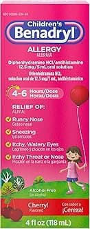 Benadryl Children's Allergy Relief Liquid Medicine with Diphenhydramine HCl, Kids' Allergy Syrup for Allergy Symptoms Like Runny Nose, Itchy Eyes & More, Cherry Flavor, 4 fl. oz