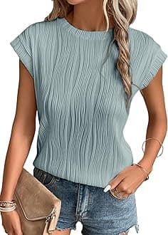 EVALESS Womens Short Sleeve Textured Tops Crewneck Knit Solid Loose Casual Basic T Shirts Tee Blouses