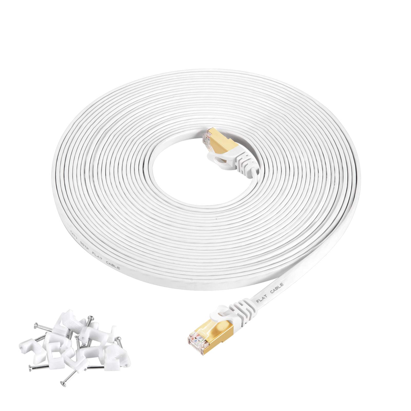 Cat7 Ethernet Cable 30 ft White Shielded (STP), High Speed Flat RJ45 Cat-7/Category 7 Internet LAN Computer Patch Cord Cable, Faster Than Cat5/Cat6/Cat6A-30 Feet White (9 Meters)