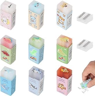 9 Pcs Cute Cartoon Animal Erasers, Kawaii Pencil Rubbers Pet Dinosaur Ocean World, 4.5CM Soft Novelty Fun Pastel Cube School Eraser with Pencil Sharpener for Writing/Drawing/Office Supplies